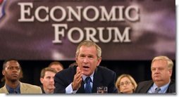 President George W. Bush makes a statement on how to improve the economy at the plenary session of the President's Economic Forum held at Baylor University in Waco, Texas on Tuesday August 13, 2002. White House photo by Paul Morse.