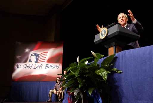 President George W. Bush addresses the audience at Parkview Arts and Science Magnet High School in Little Rock, Arkansas, Thursday, Aug. 29. 