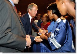President George W. Bush greets students after remarks at Parkview Arts and Science Magnet High School in Little Rock, Arkansas, Thursday, Aug. 29. White House photo by Eric Draper.