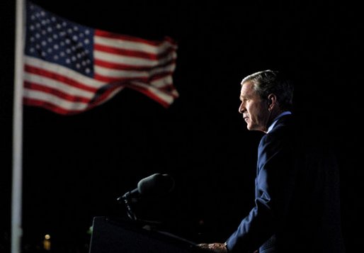 President George W. Bush addresses the nation from Ellis Island in New York City on the one year anniversary of the terror attacks on September 11. White House photo by Paul Morse.