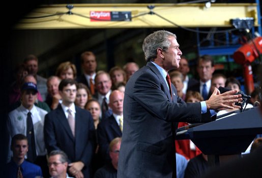 President George W. Bush delivers remarks on the budget at the Sears Manufacturing Company in Davenport , Iowa on Monday, September 16, 2002. 