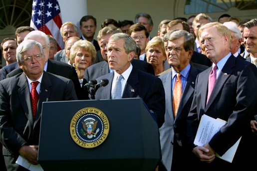 President George W. Bush along with bipartisan leaders from the House and Senate announced the Joint Resolution to authorize the use of the United States Armed Forces against Iraq. "The statement of support from the Congress will show to friend and enemy alike the resolve of the United States," President Bush said during the announcement in the Rose Garden, Wednesday, October 2, 2002. White House photo by Paul Morse.