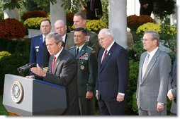 President George W. Bush addresses the media during the signing of the Department of Defense Appropriations Bill in the Rose Garden Wednesday, Oct. 23. White House photo by Paul Morse.