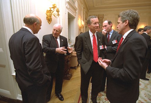 Vice President Dick Cheney talks with Rep. Steve Pearce, R-N.M., during a reception for the newly elected members of Congress in the State Dining Room at the White House Tuesday, Nov. 12. Also pictured are, from left to right, Rep. Jim Marshall, D-Ga., Sen. Thaddeus McCotter, R-Mich., and Sen. Norm Coleman, R-Minn. White House photo by David Bohrer.