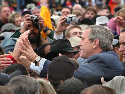 President George W. Bush greets the crowd after speaking at the New Mexico Welcome at Riner Steinhoff Soccer Complex in Alamogordo, N.M., Oct. 28. 