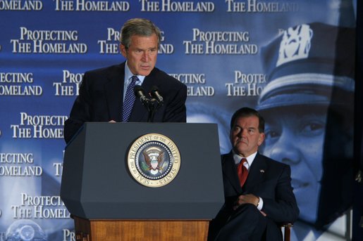 President George W. Bush delivers remarks about the need to have the Senate pass the Homeland Security Bill during the Lame Duck session of Congress after his tour of the District of Columbia's Metropolitan Police Department Synchronized Operations Center, Tuesday, Nov 12. "The Congress is in session today, and the House and the Senate have pressing responsibilities to work with us for our security. And I'm confident they'll meet those responsibilities. And the single most important business before Congress is the creation of a department of homeland security," said President Bush. White House photo by Paul Morse