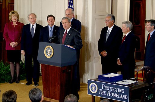 President George W. Bush addresses the media during the signing of the Homeland Security Act in the East Room Monday, Nov. 25. White House photo by Paul Morse.