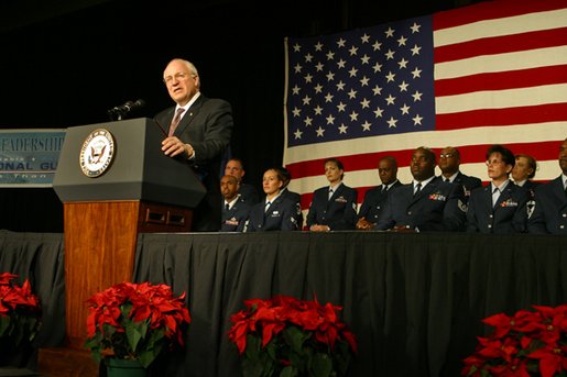 More than 1,500 Air Force Air National Guard members listen as Vice President Dick Cheney discusses the role the Guard plays in the war on terrorism during the Air National Guard Senior Leadership Conference in Denver, Monday, Dec. 2. "For all the challenges we face, the United States of America has never been stronger than we are today," said the Vice President, noting that there are approximately 11,000 mobilized and volunteer members of the Air National Guard serving at home and oversees. "We are using our great strength not to dominate others, but to lift the dark threat of terrorism from our country and from our world." White House photo by David Bohrer.