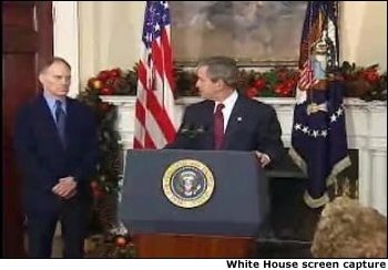 President George W. Bush names Stephen Friedman as Director of the National Economic Council. White House screen capture. White House screen capture