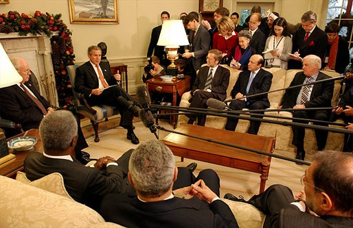 President George W. Bush and Vice President Dick Cheney meet with the Quartet Principals to discuss the Israeli-Palestinian issue in the Oval Office Dec. 20. Attending the meeting are, from left to right, United Nations Secretary General Kofi Annan, Secretary of State Colin Powell, Danish Foreign Minister Per Stig-Moeller, Russian Foreign Minister Sergei Ivanov, European Union Commissioner for External Relations Chris Patten and European Union High Representative Javier Solana. White House photo by Tina Hager.