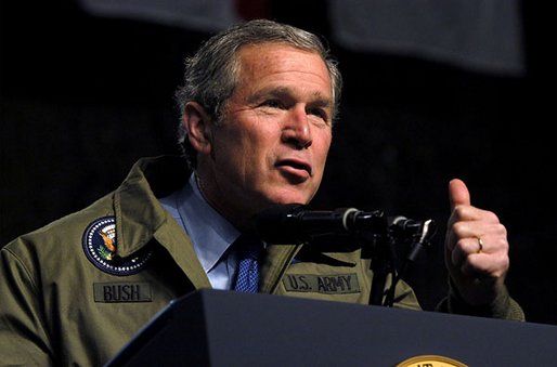 President George W. Bush speaks to troops during his visit to Fort Hood in Killeen, Texas, Friday, Jan. 3, 2003. "Our country is in a great contest of will and purpose. We're being tested. In times of crisis, we will act decisively," said the President in his remarks. "And in times of calm, we'll be focused and patient and relentless in our pursuit of the enemy. That's what we owe the American people." White House photo by Eric Draper.