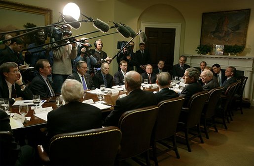 President George W. Bush addresses the press after meeting with economists in the Roosevelt Room Jan. 21, 2003. "We had a great discussion about the plan that I laid out for the Congress to consider and to enact, a plan which focuses on job creation, a plan which recognizes that money in the consumers' pocket will help grow this economy, a plan that recognizes there are some long-term things we can do to make sure the investor feels comfortable taking risks in America," said the President to the media. White House photo by Paul Morse