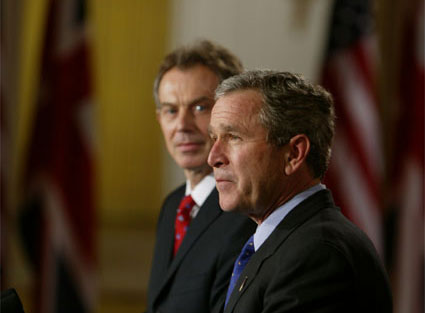 After meeting privately to discuss the situation in Iraq, President George W. Bush and British Prime Minister Tony Blair address the media in the Cross Hall Friday, Jan. 31, 2003. "I appreciate my friend's commitment to peace and security. I appreciate his vision. I appreciate his willingness to lead," said the President of Prime Minister Blair. "Most importantly, I appreciate his understanding that after September the 11th, 2001, the world changed; that we face a common enemy -- terrorists willing to kill innocent lives; that we now recognize that threats which gather in remote regions of the world must be dealt with before others lose their lives." White House photo by Paul Morse