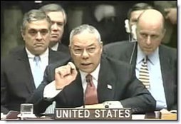Colin Powell addresses the U.N. Security Council. White House screen capture.