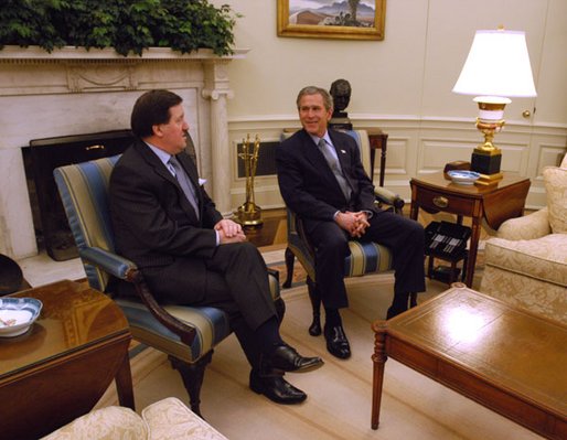 President George W. Bush meets with NATO Secretary General Lord Robertson in the Oval Office Wednesday, Feb 19, 2003. White House photo by Eric Draper.