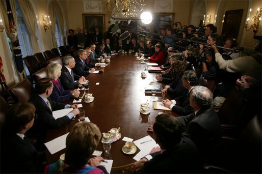 President George W. Bush addresses the media during a meeting with his Cabinet the day after beginning the disarmament of Iraq Thursday, March 20, 2003. White House photo by Paul Morse.
