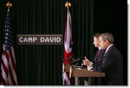 President George W. Bush and British Prime Minister Tony Blair hold a news conference following their overnight summit at Camp David, Thursday, March 27, 2003. "We appreciate the bravery, the professionalism of the British troops, and all coalition troops. Together we have lost people, and the American people offer their prayers to the loved ones of the British fallen, just as we offer our prayers to the loved ones of our own troops who have fallen," President Bush said.  White House photo by Paul Morse