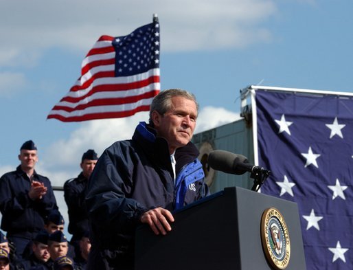 President George W. Bush addresses members of the United States Coast Guard in Philadelphia Monday, March 31, 2003. "Now, as part of the Department of Homeland Security, you have taken on a new and vital mission, a mission as important as any in your 213-year history: the mission of defending our country against terrorist attack," President Bush said. White House photo by Tina Hager