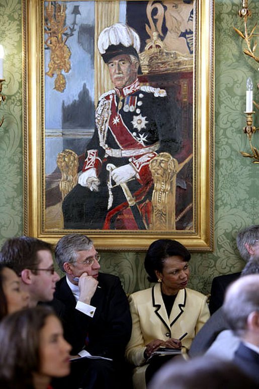 British Foreign Minister Jack Straw and National Security Advisor Dr. Condoleezza Rice listen to President George W. Bush and British Prime Minister Tony Blair during their joint press conference at Hillsborough Castle, near Belfast, Northern Ireland, Tuesday, April 8, 2003. White House photo by Paul Morse