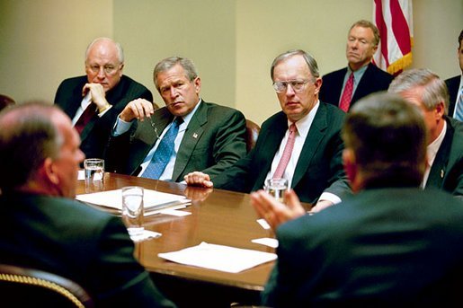 President George W. Bush participates in a homeland security briefing with Vice President Dick Cheney, left, and newly-appointed Homeland Security Advisor General John Gordon, center, in the Roosevelt Room Tuesday, April 29, 2003. White House photo by Eric Draper
