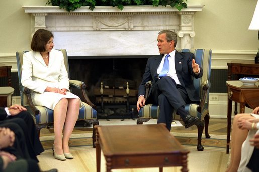 President George W. Bush meets with judicial nominee Priscilla Owen in the Oval Office. File Photo. White House photo by Paul Morse