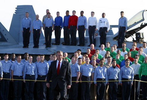 President George W. Bush on the flight deck of the USS Abraham Lincoln before addressing the nation May 1, 2003. White House photo by Paul Morse