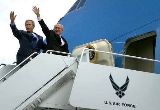 President George W. Bush and Prime Minister John Howard of Australia board Air Force One at Moffet Federal Airfield in Santa Clara, Calif., Friday, May 2, 2003. The Prime Minister is accompanying the President to his ranch in Crawford, Texas for the weekend. White House photo by Susan Sterner