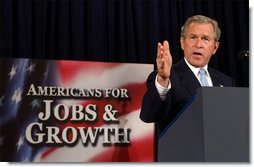 President George W. Bush discusses his Tax Relief plan at the U.S. Chamber of Commerce Tuesday, May 6, 2003. "You'll hear all kinds of rhetoric about how this plan is not fair. Well, let me just describe to you what it means to the family of four making $40,000 a year. It means their taxes would go from $1,178 a year to $45 a year," explained President Bush. "That's what that means. That sounds fair to me."  White House photo by Tina Hager