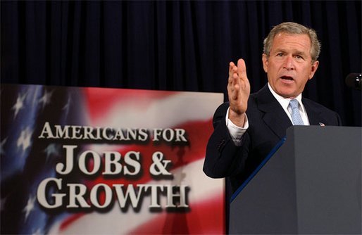 President George W. Bush discusses his Tax Relief plan at the U.S. Chamber of Commerce Tuesday, May 6, 2003. "You'll hear all kinds of rhetoric about how this plan is not fair. Well, let me just describe to you what it means to the family of four making $40,000 a year. It means their taxes would go from $1,178 a year to $45 a year," explained President Bush. "That's what that means. That sounds fair to me." White House photo by Tina Hager