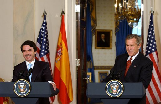 President George W. Bush and President Jose Maria Aznar of Spain hold a joint press conference in Cross Hall Wednesday, May 7, 2003. White House photo by Tina Hager