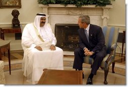 President George W. Bush meets with Amir Hamad bin Khalifa Al Thani of Qatar in the Oval Office Thursday, May 8, 2003. "I would like to thank the President very much for his gracious invitation for me to come and meet with him here at the White House," said the Amir during the two leaders' address to the media. "We in Qatar are very keen to have a very unique and strong and distinct relationship with the United States, a relationship that it is transparent."  White House photo by Paul Morse