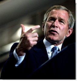 "Let's get tax relief to the American people as quickly as possible," said President George W. Bush emphasizing the need for tax relief during his remarks at Airlite Plastics in Omaha, Neb., Monday, May 12, 2003.   White House photo by Susan Sterner