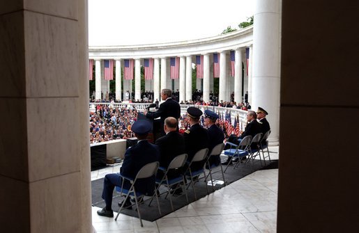 President George W. Bush gives a Memorial Day address at Arlington National Cemetery. Monday, May 26, 2003. White House photo by Tina Hager.