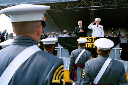 Vice President Dick Cheney stands for the National Anthem at the U. S. Military Academy Commencement Ceremony in West Point, N.Y., May 31, 2003. White House photo by David Bohrer