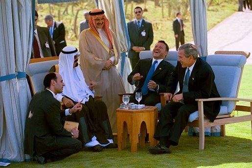 President George W. Bush meets with Prince Abdullah Bin Abd Al Aziz of Saudi Arabia (center, left) and King Abdullah Bin Al Hussein of Jordan (center, right) at the Four Seasons Resort in Sharm El Sheikl, Egypt, June 3, 2003. White House photo by Eric Draper.