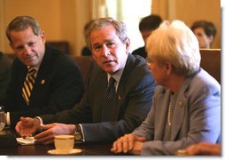 President George W. Bush meets with bipartisan members of the House of Representatives on Medicare in the Cabinet Room Wednesday, June 25, 2003. Seated with President Bush are Rep. Nancy Johnson, R-Conn., right, and Rep. Steve Israel, D-N.Y., left.  White House photo by Susan Sterner