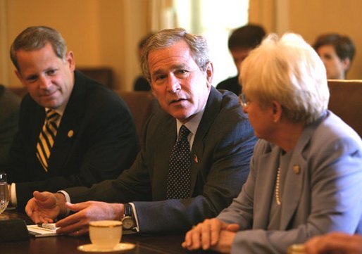President George W. Bush meets with bipartisan members of the House of Representatives on Medicare in the Cabinet Room Wednesday, June 25, 2003. Seated with President Bush are Rep. Nancy Johnson, R-Conn., right, and Rep. Steve Israel, D-N.Y., left. White House photo by Susan Sterner. White House photo by Susan Sterner.