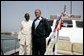 President George W. Bush and President Abdoulaye Wade of Senegal ride aboard the Presidential Yacht to Goree Island, Senegal, Tuesday, July 8, 2003. White House photo by Paul Morse.