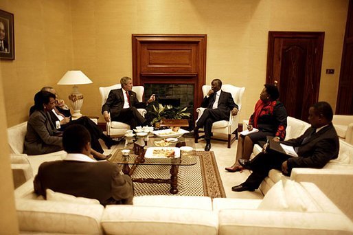 Presidents Bush and Mbeki meet at the Union House in Pretoria, South Africa, Wednesday, July 9, 2003. “Your nation's recent history is a great story of courage and persistence in the pursuit of justice,” said President Bush to President Mbeki, during the press conference after their meeting. “This is a country that threw off oppression and is now the force of freedom and stability, and a force for progress throughout the continent of Africa.” White House photo by Paul Morse