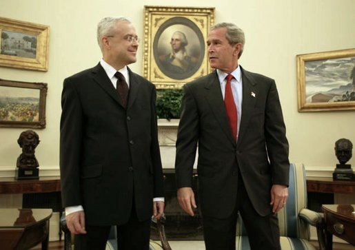 President George W. Bush meets with Vladimir Spidla, Prime Minister of the Czech Republic, in the Oval Office Tuesday, July 15, 2003. White House photo by Paul Morse.