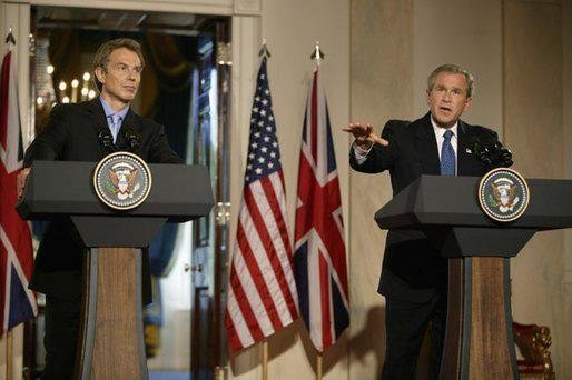  President George W. Bush speaks during a news conference with British Prime Minister Tony Blair in the Cross Hall of the White House, Thursday, July 17, 2003 White House photo by Paul Morse.