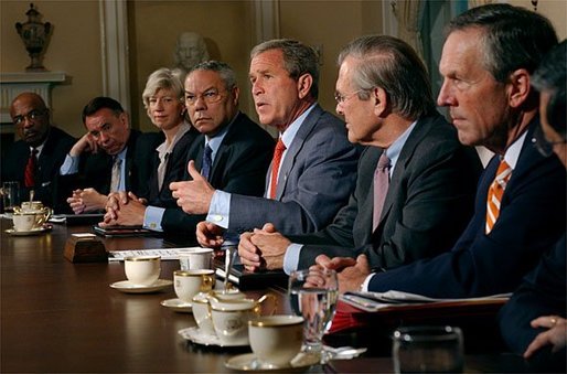 President George W. Bush addresses the media during a Cabinet meeting at the White House Aug. 1, 2003. White House photo by Tina Hager.