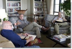 President George W. Bush meets with Secretary of State Colin Powell and Deputy Secretary of State Richard Armitage at his ranch in Crawford, Texas, Wednesday, Aug. 6, 2003.  White House photo by Susan Sterner