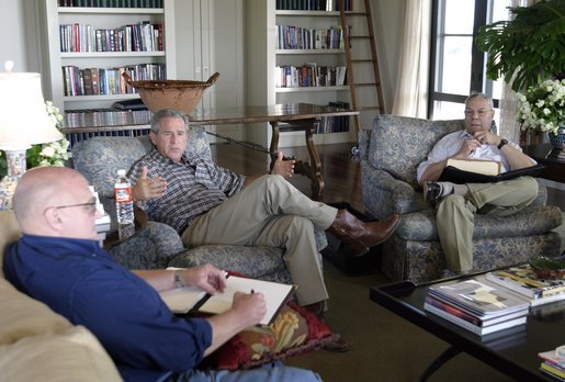 President George W. Bush meets with Secretary of State Colin Powell and Deputy Secretary of State Richard Armitage at his ranch in Crawford, Texas, Wednesday, Aug. 6, 2003. White House photo by Susan Sterner.