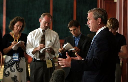 President George W. Bush speaks to reporters while in San Diego, CA on the power outage that effected a large part of east coast on August 14, 2003. White House photo by Paul Morse.