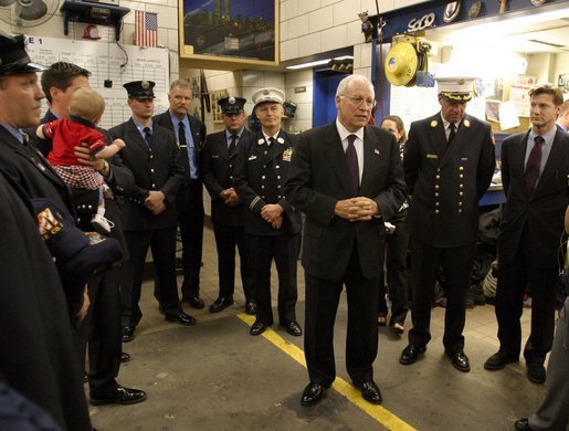 Vice President Dick Cheney meets with firefighters of FDNY Rescue Company 1 at their firehouse in New York, N.Y., Sept. 11, 2003. Eleven firefighters from the company died in the terrorist attacks Sept. 11, 2001. They are: Capt. Terence S. Hatton, 41; Lt. Dennis Mojica, 50; Joseph Angelini Sr., 63; Gary Geidel, 44; William Henry, 49; Kenneth Joseph Marino, 40; Michael G. Montesi, 39; Gerard Terence Nevins, 46; Patrick J. O'Keefe, 44; Brian Edward Sweeney, 29; and David M. Weiss, 41. White House photo by David Bohrer.