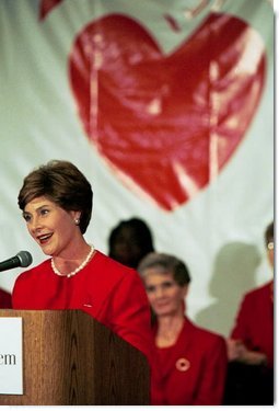 Laura Bush speaks about heart disease risks for women at St. Luke's Hospital in Kansas City, Mo., during a Heart Truth Campaign Event, Sept. 16, 2003.  White House photo by Susan Sterner