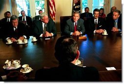 President George W. Bush discusses the progress of Medicare modernization legislation with members of Congress in the Cabinet Room Thursday, Sept. 25, 2003. Pictured sitting next to the President are, from left: Rep. Bill Thomas, R-Calif.; Speaker Dennis Hastert, R-Ill.; Sen. Bill Frist, R-Tenn.; and Sen. Charles Grassley, R-Iowa.  White House photo by Tina Hager