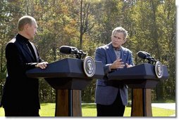 President George W. Bush and Russian President Vladimir Putin participate in a joint news conference at Camp David, Saturday, September 27, 2003.  White House photo by Eric Draper