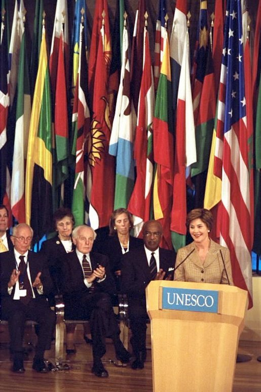 Mrs Bush delivers the keynote address to the United Nations Educational, Scientific and Cultural Organization (UNESCO) General Conference Sept. 9, 2003 at UNESCO headquarters in Paris. White House photo by Susan Sterner